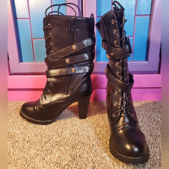 Hot Black Leather Boots Side Zip Buckle Strap Chunky High Heel with Studs Size 8 - Picture 6 of 13